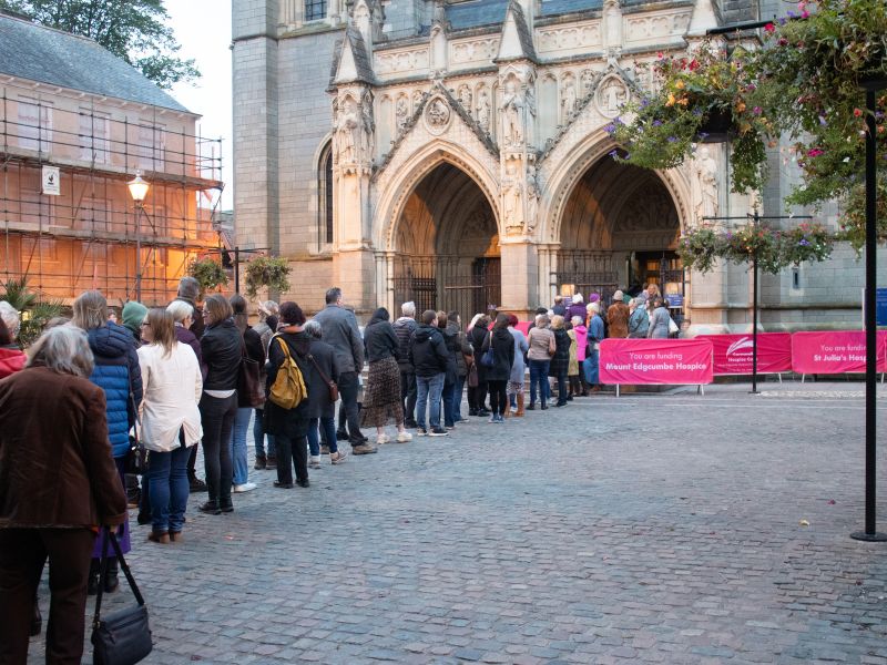 Queuing at truro cathedral for the sustainable fashion show